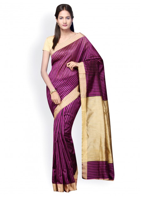 Pavechas Magenta Striped Banarasi Poly Silk and Cotton Traditional Saree